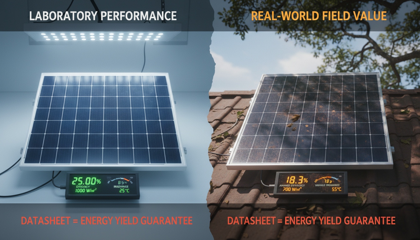 PV module laboratory performance compared with real-world field value showing how temperature irradiance soiling and operating conditions affect energy yield